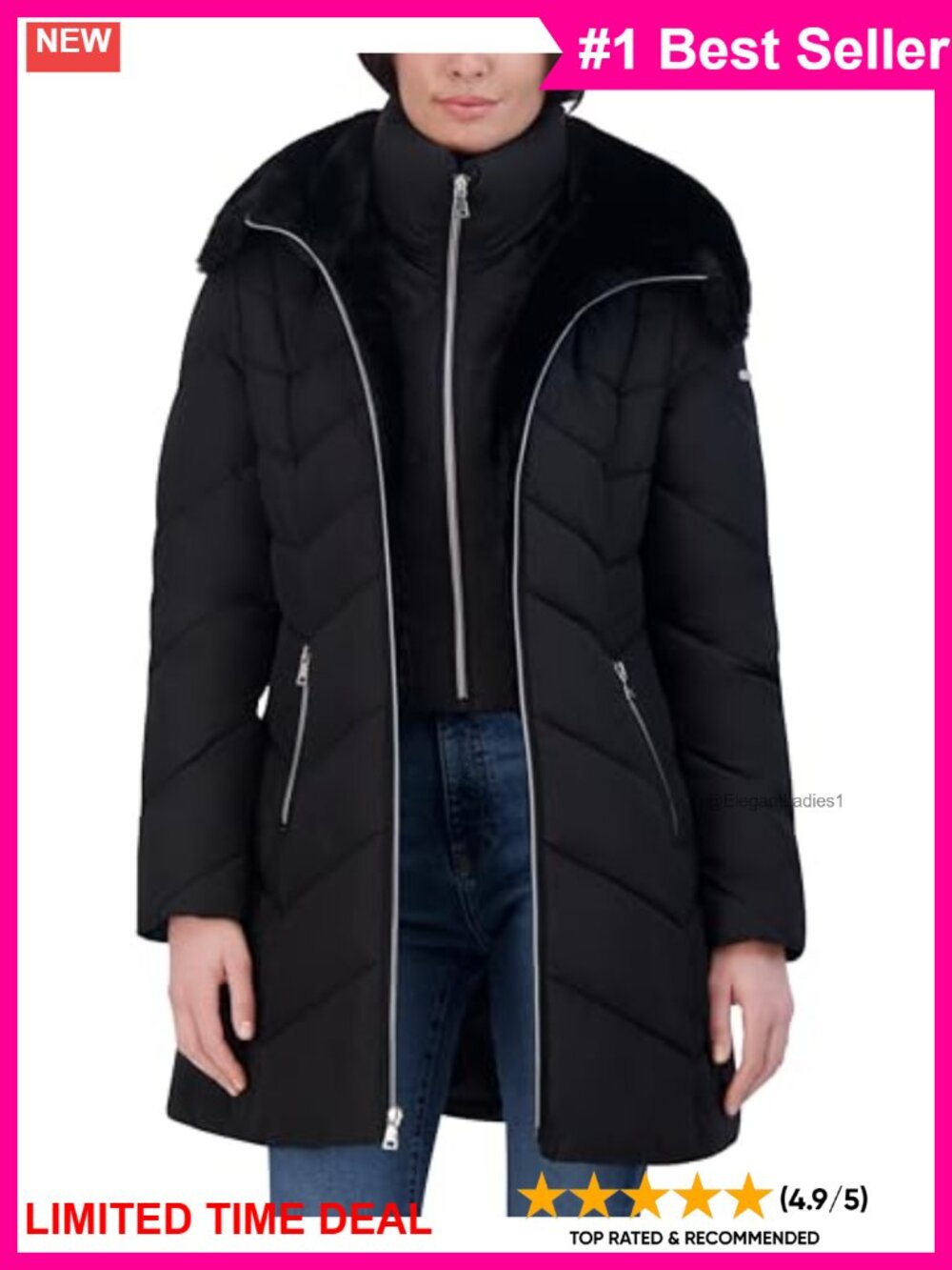 Quilted Puffer Coat with Faux Fur Hood & Bib Insert – Mid-Length Winter Jacket